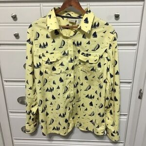 L.L.BEAN Yellow Blue Sailboats Seagulls Nautical Button Up Top Roll Sleeve XL